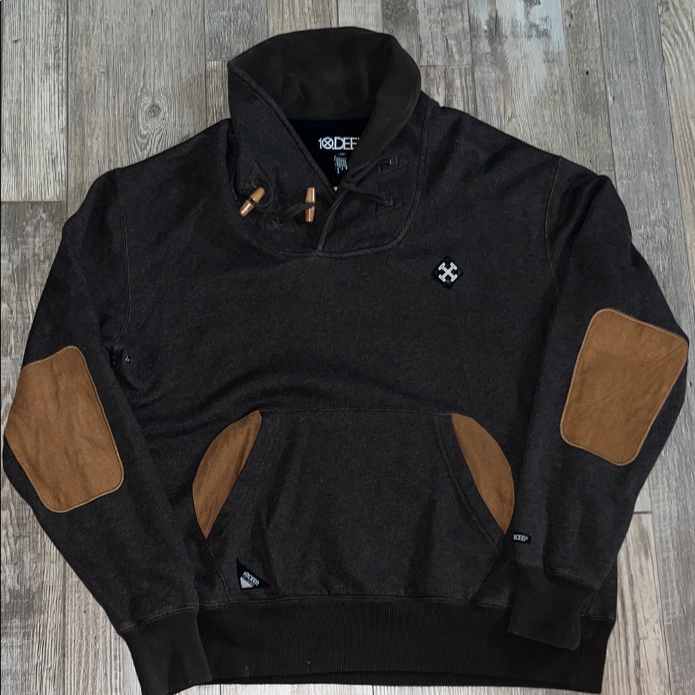 10.Deep Black Hoodie with Brown Suede Elbow & Pocket Accents